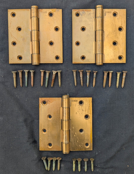 4"x4" Set of 3 Vintage Old Antique "Stanley" Bronze Steel Interior Exterior Entry Door Hinges Butt Flat End Tip