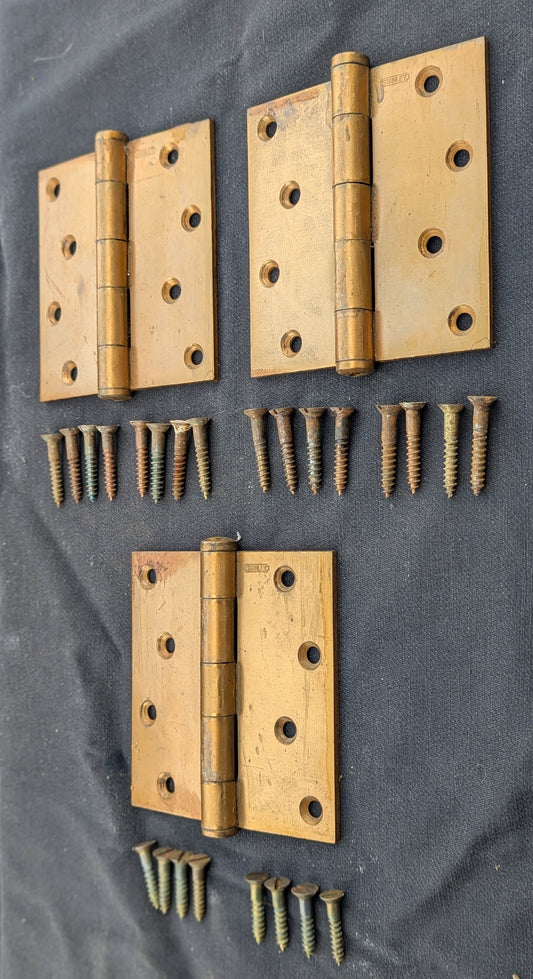 4"x4" Set of 3 Vintage Old Antique "Stanley" Bronze Steel Interior Exterior Entry Door Hinges Butt Flat End Tip