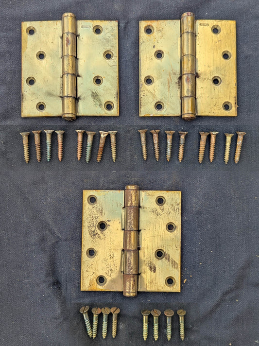 4"x4" Set of 3 Vintage Old Antique "Stanley" Brass Steel Interior Exterior Entry Door Hinges Butt Flat End Tip