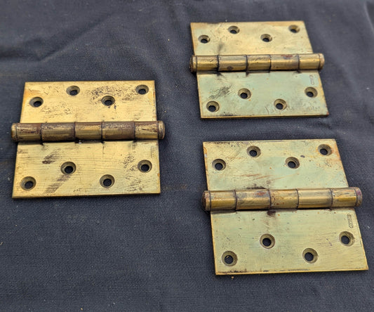 4"x4" Set of 3 Vintage Old Antique "Stanley" Brass Steel Interior Exterior Entry Door Hinges Butt Flat End Tip