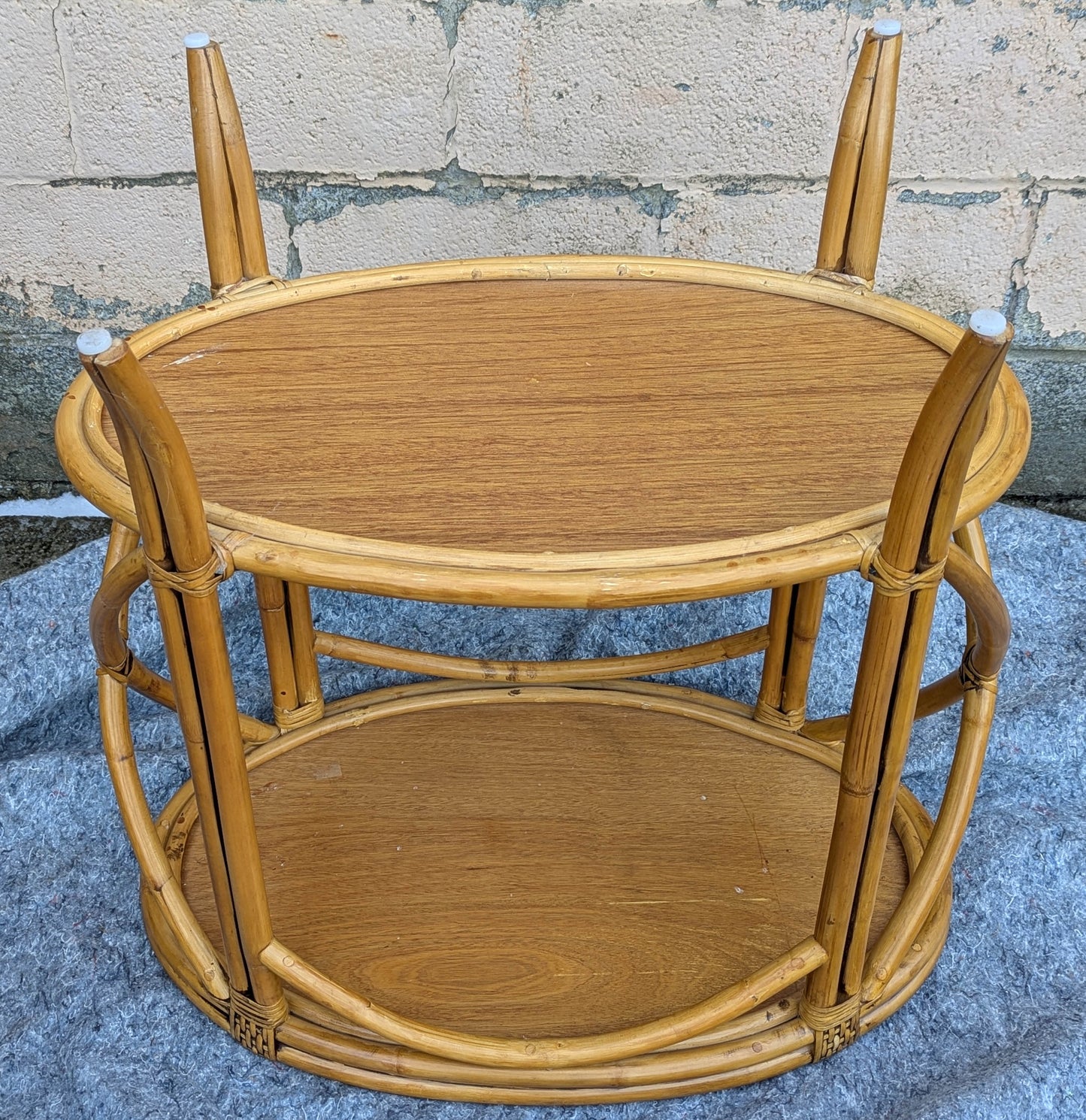 Oval Vintage Old MCM Mid Century Modern Bent Bamboo Wood Wooden 2 Tier End Accent Side Serving Tray Butler Table Rattan Seagrass