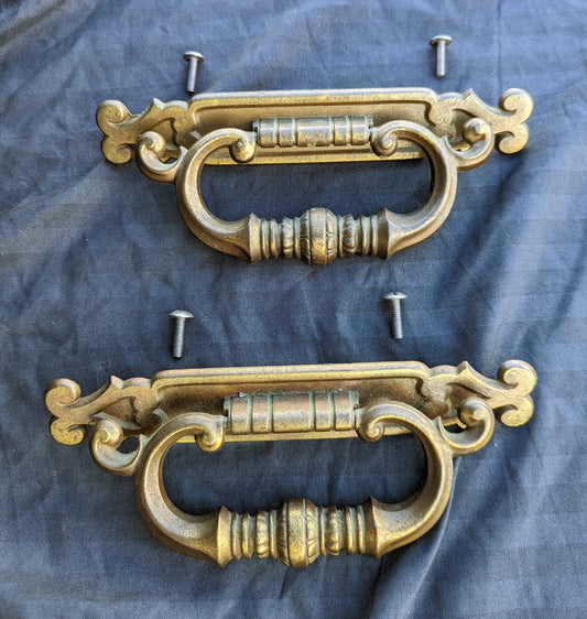 Pair Vintage Old Reclaimed Salvaged "Broyhill" Antique Brass Dresser Chest Desk Drawer Furniture Bail Pulls Handles