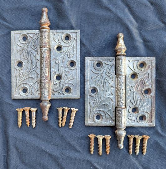 Pair 3.5"x3.5" Antique Vintage Old Reclaimed Salvaged Eastlake Victorian Ornate Decorative SOLID Cast Iron Interior Door Hinges Steeple Tip Finial