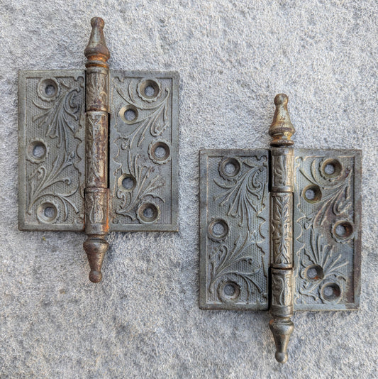 Pair 3.5"x3.5" Antique Vintage Old Reclaimed Salvaged Eastlake Victorian Ornate Decorative SOLID Cast Iron Interior Door Hinges Steeple Tip Finial