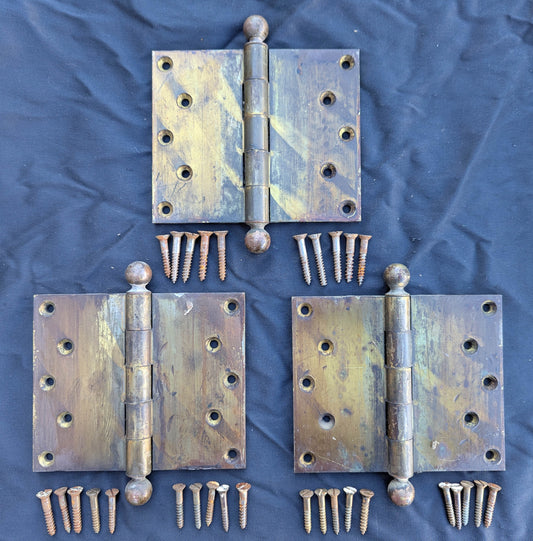 HEAVY! Pair 6"x5" Antique Vintage Old SOLID Brass Exterior Entry Door Ball Bearing Hinges Screws Reclaimed Salvaged Large Big