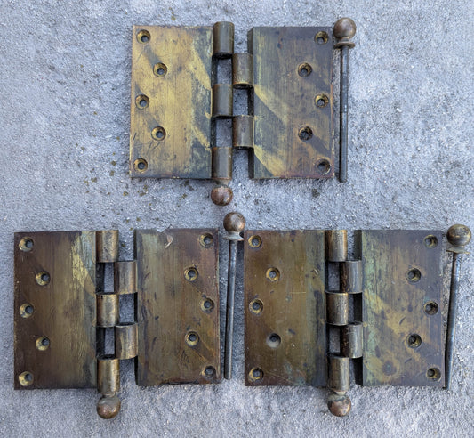 HEAVY! Pair 6"x5" Antique Vintage Old SOLID Brass Exterior Entry Door Ball Bearing Hinges Screws Reclaimed Salvaged Large Big