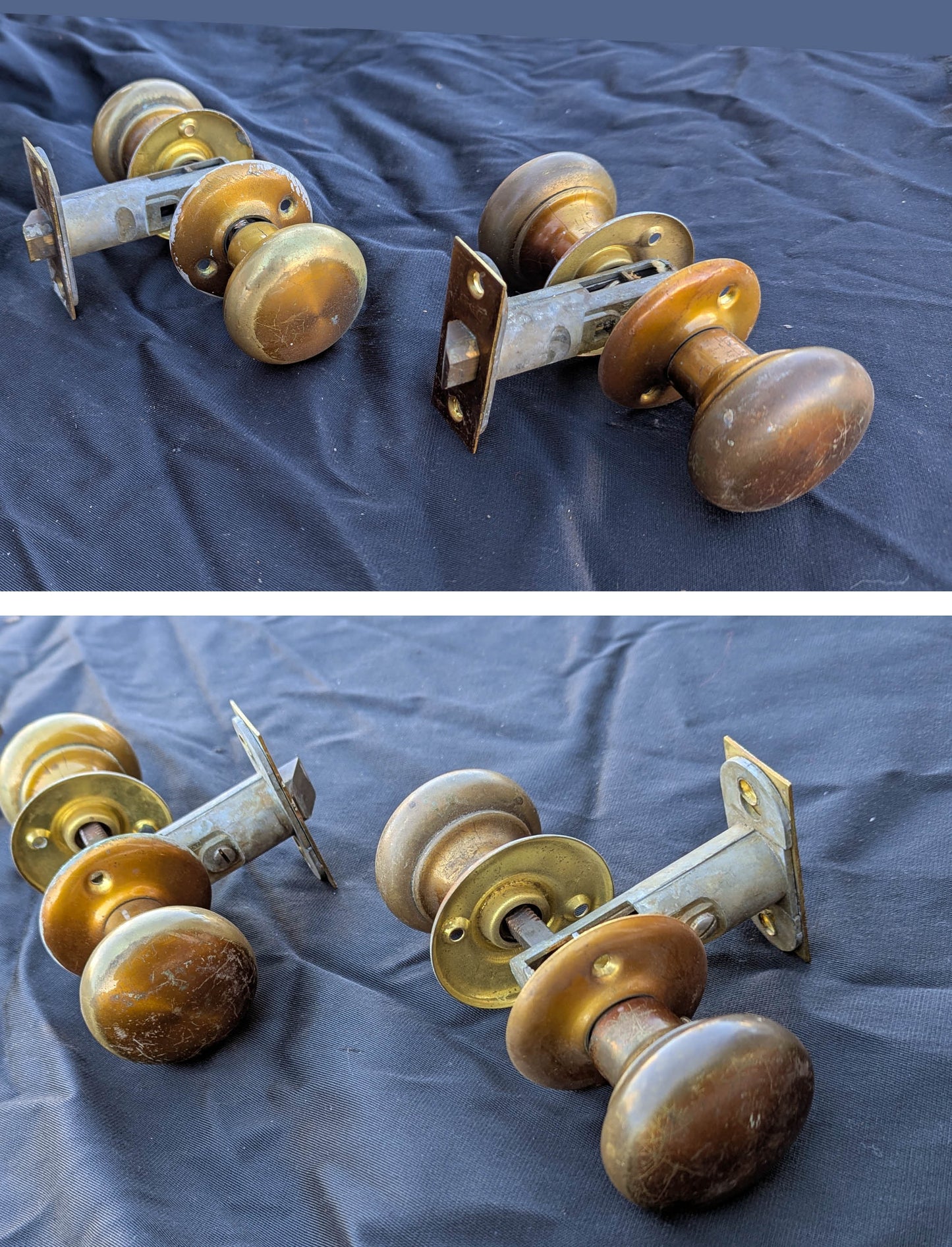 2 available Vintage Antique Old Mid Century MCM Brass Interior Door Passage Lock Lockset Knobs Plates Rosettes
