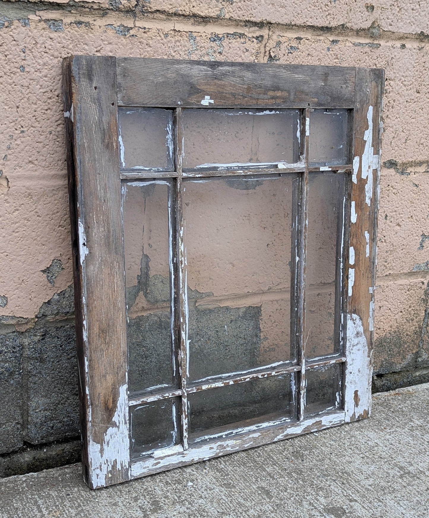 21"x23.5" Antique Vintage Old Reclaimed Salvaged Wood Wooden Sash Mission Style Window 9 Glass Lites Panes