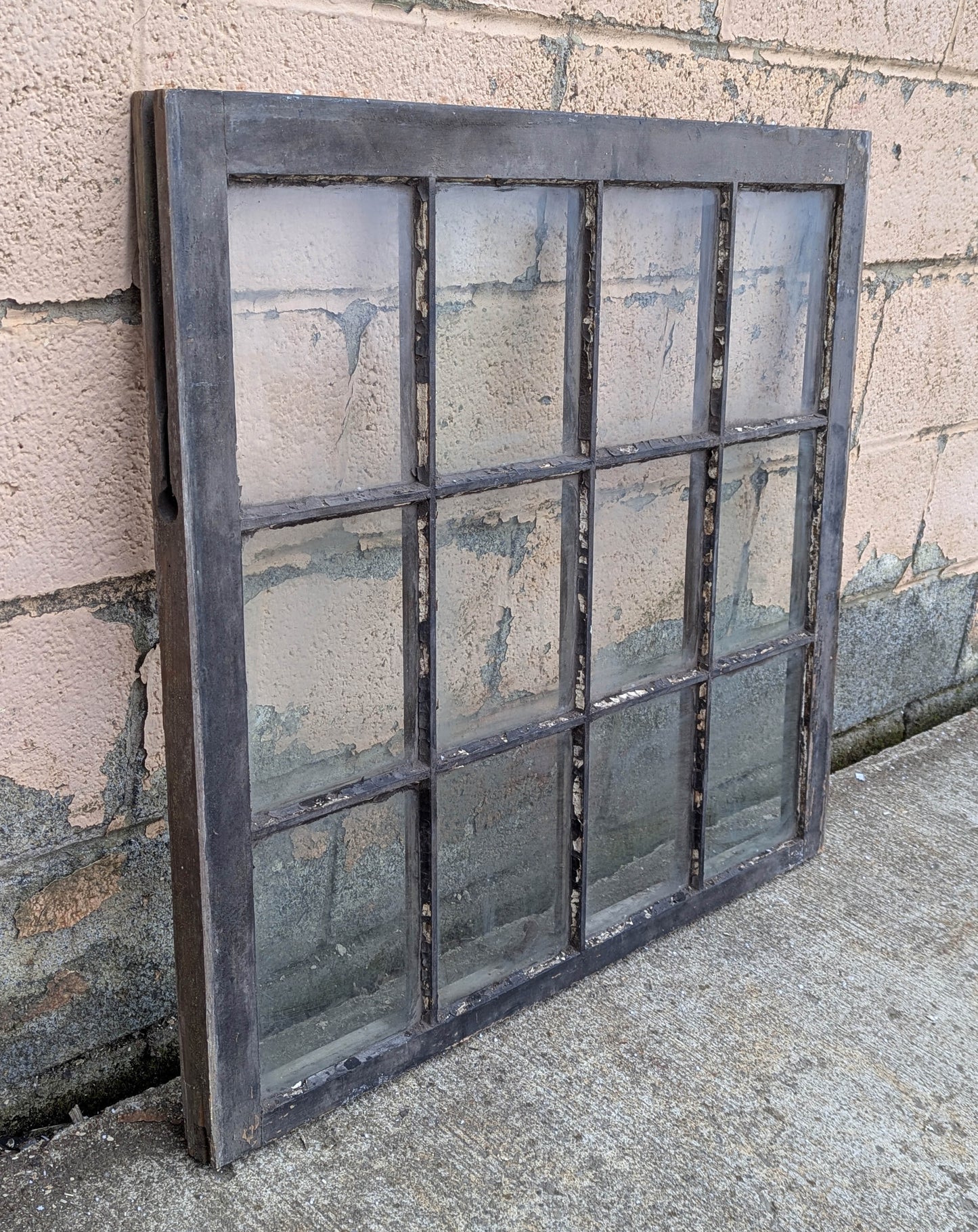 34"x31" Antique Vintage Old Reclaimed Salvaged SOLID Wood Wooden Sash Window 12 Wavy Glass Lites Panes