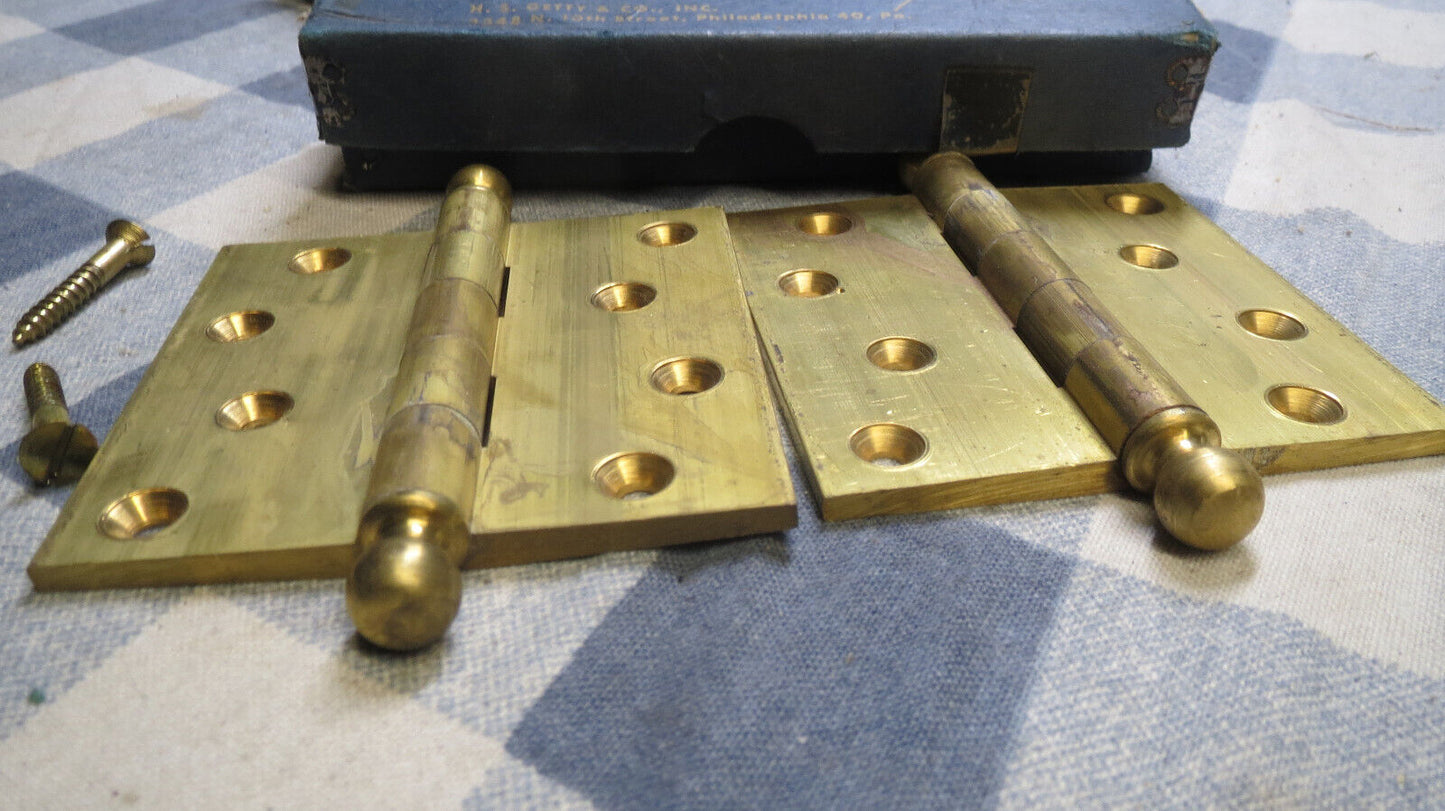 Pair 3.5"x3.5" NOS Antique Vintage Old "Getty" SOLID Cast Brass Ball Tip Finial Interior Exterior Entry Door Hinges Screws