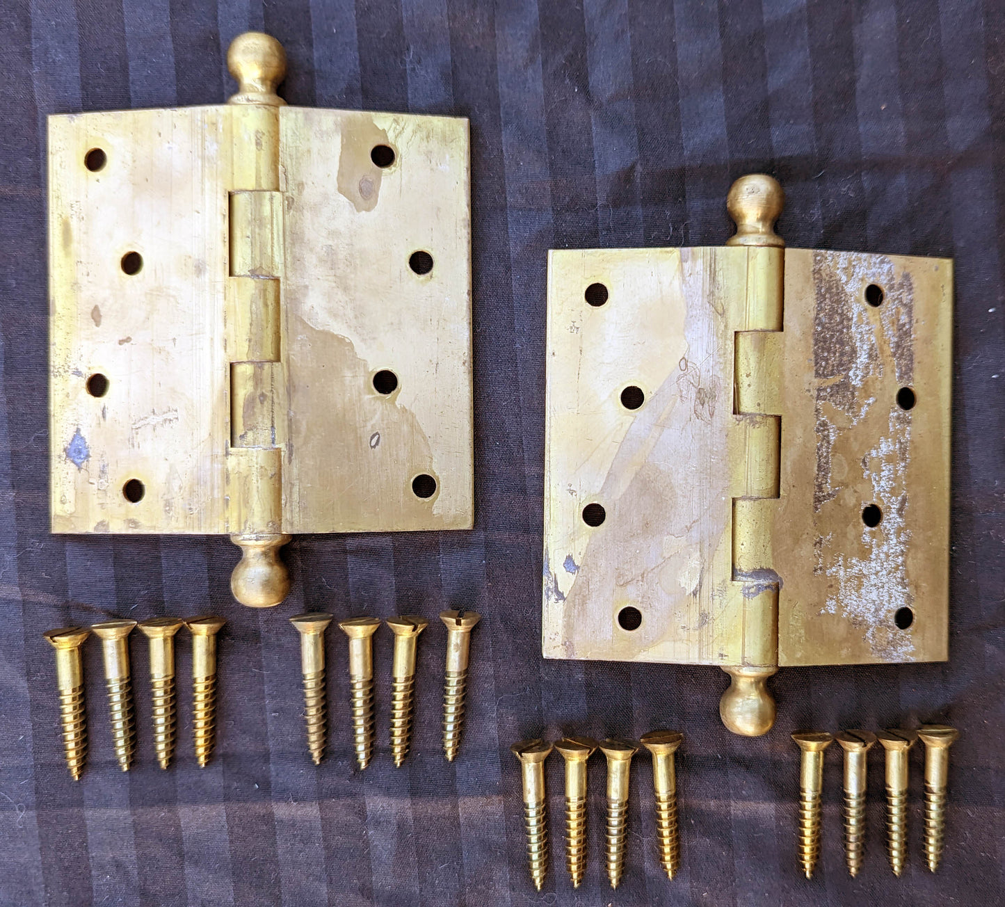 Pair 3.5"x3.5" NOS Antique Vintage Old "Getty" SOLID Cast Brass Ball Tip Finial Interior Exterior Entry Door Hinges Screws