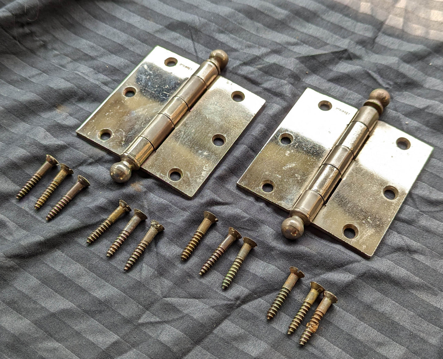 2 Pair available 3.5"x3.5" Antique Vintage Old Reclaimed Salvaged Steel Chrome Ball Tip Finial Interior Door Hinges Screws