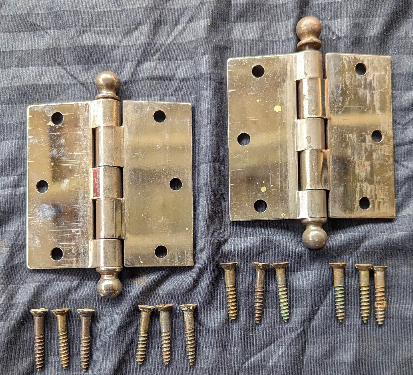 2 Pair available 3.5"x3.5" Antique Vintage Old Reclaimed Salvaged Steel Chrome Ball Tip Finial Interior Door Hinges Screws