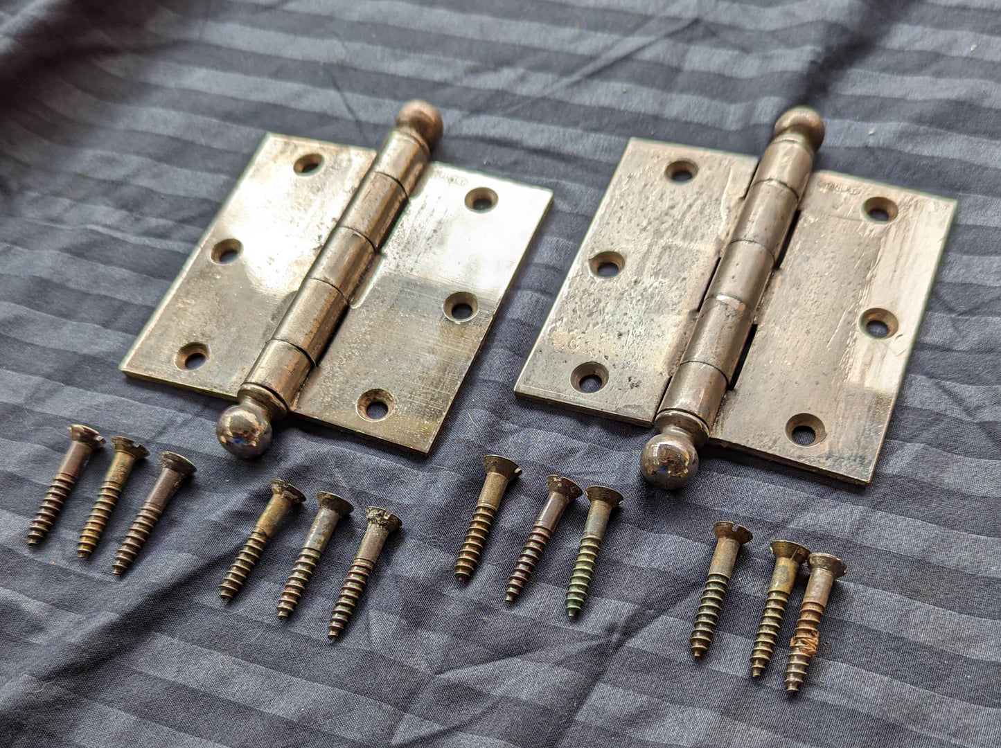 2 Pair available 3.5"x3.5" Antique Vintage Old Reclaimed Salvaged Steel Chrome Ball Tip Finial Interior Door Hinges Screws