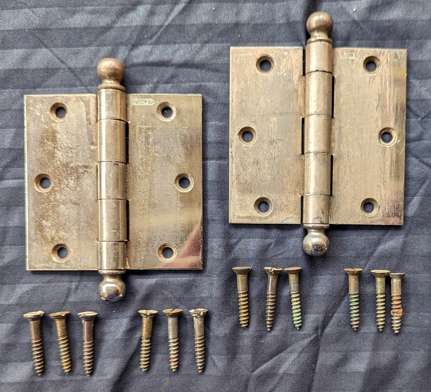 2 Pair available 3.5"x3.5" Antique Vintage Old Reclaimed Salvaged Steel Chrome Ball Tip Finial Interior Door Hinges Screws
