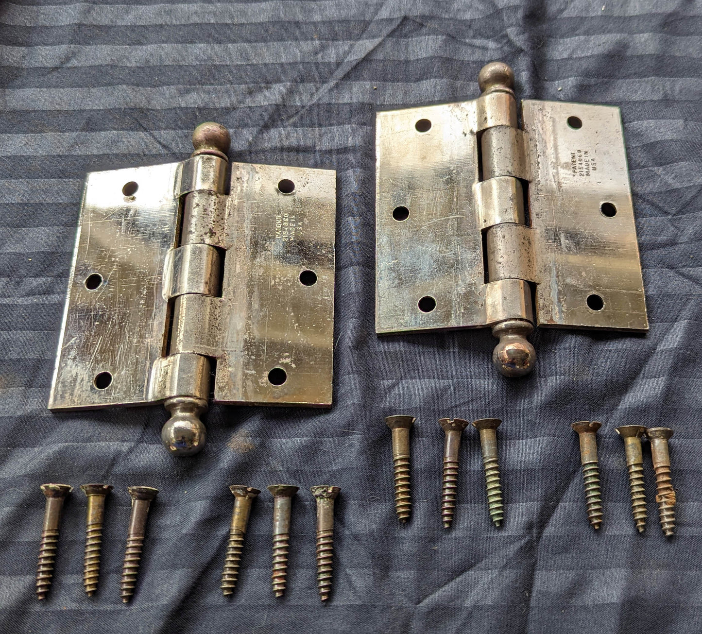 2 Pair available 3.5"x3.5" Antique Vintage Old Reclaimed Salvaged Steel Chrome Ball Tip Finial Interior Door Hinges Screws