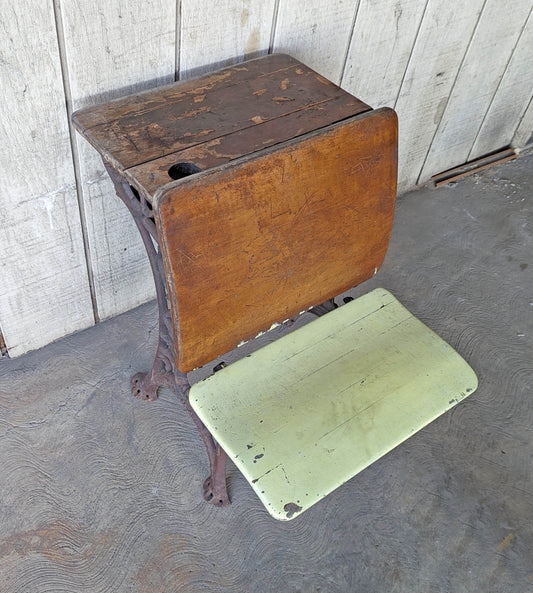 Antique "Haney School Furniture Co" Vintage Old Victorian Wood Wooden Ornate Cast Iron Legs Student Child Desk Side End Table Foldable Seat