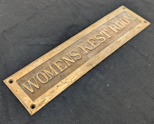 12"x3" Antique Vintage Old SOLID Bronze Brass "WOMENS REST ROOM" Bathroom Door Plate Plaque Sign Salvaged Reclaimed