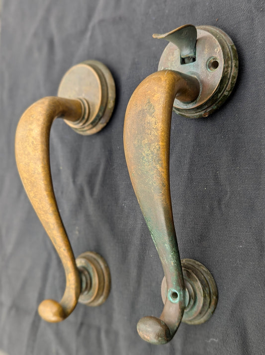HEAVY! Pair 9" Antique Vintage Old Reclaimed Salvaged SOLID Cast Bronze Entry Exterior Door Handles Pulls