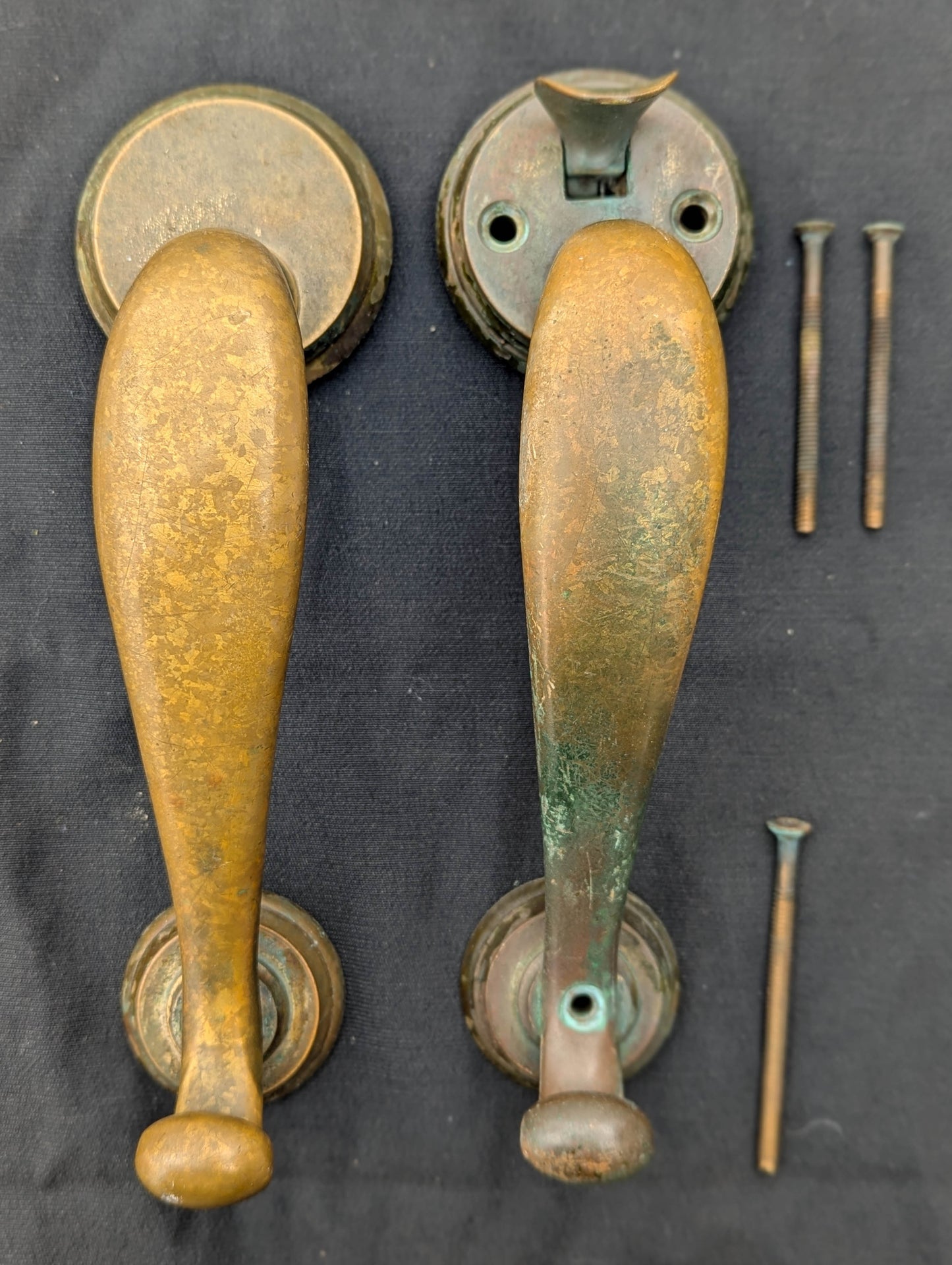HEAVY! Pair 9" Antique Vintage Old Reclaimed Salvaged SOLID Cast Bronze Entry Exterior Door Handles Pulls