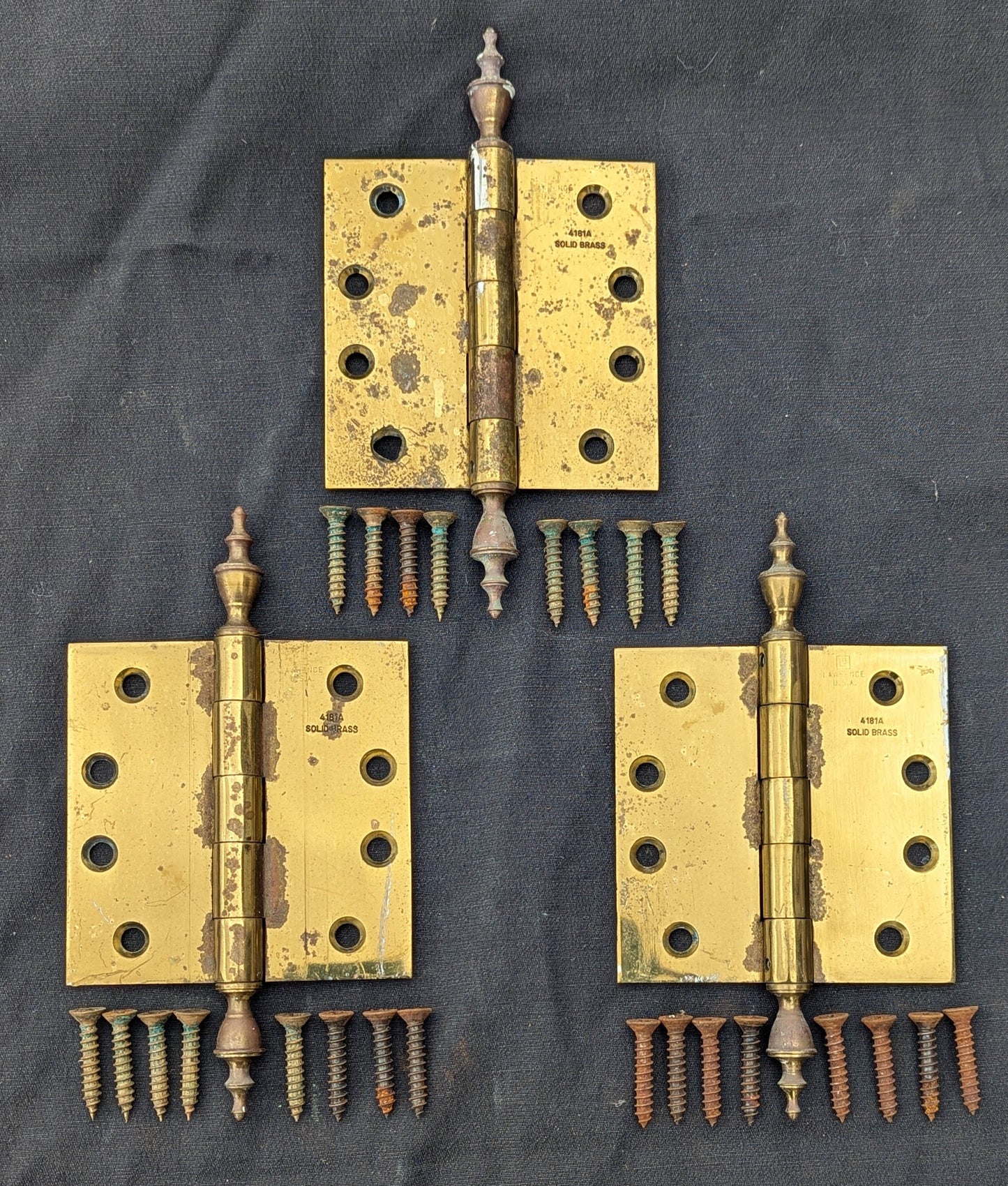 3pc Set 4"x4" Vintage Old "Lawrence" SOLID Brass Exterior Entry Door Ball Bearing Architectural Hinges Steeple Tip Finial Screws Reclaimed Salvaged