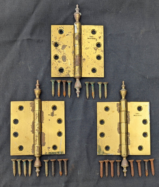 3pc Set 4"x4" Vintage Old "Lawrence" SOLID Brass Exterior Entry Door Ball Bearing Architectural Hinges Steeple Tip Finial Screws Reclaimed Salvaged