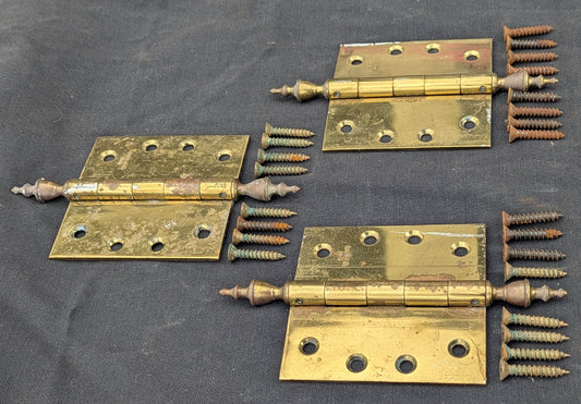 3pc Set 4"x4" Vintage Old "Lawrence" SOLID Brass Exterior Entry Door Ball Bearing Architectural Hinges Steeple Tip Finial Screws Reclaimed Salvaged