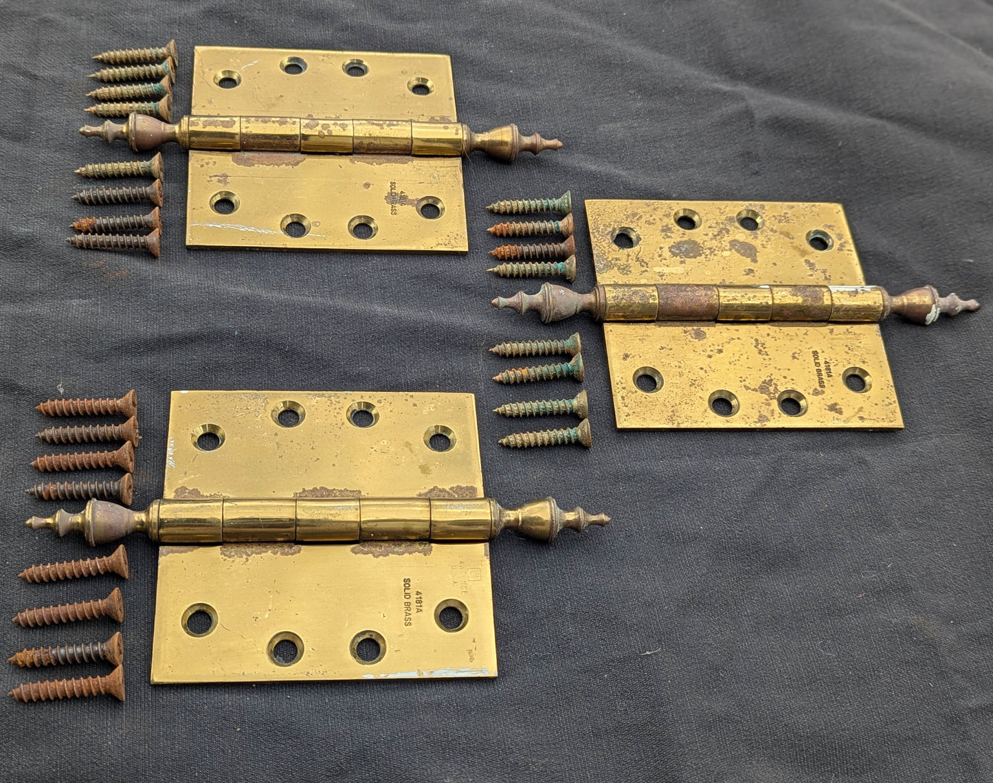 3pc Set 4"x4" Vintage Old "Lawrence" SOLID Brass Exterior Entry Door Ball Bearing Architectural Hinges Steeple Tip Finial Screws Reclaimed Salvaged