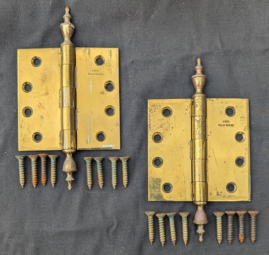 Pair Set 4"x4" Vintage Old "Lawrence" SOLID Brass Exterior Entry Door Ball Bearing Architectural Hinges Steeple Tip Finial Screws Reclaimed Salvaged