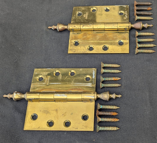 Pair Set 4"x4" Vintage Old "Lawrence" SOLID Brass Exterior Entry Door Ball Bearing Architectural Hinges Steeple Tip Finial Screws Reclaimed Salvaged