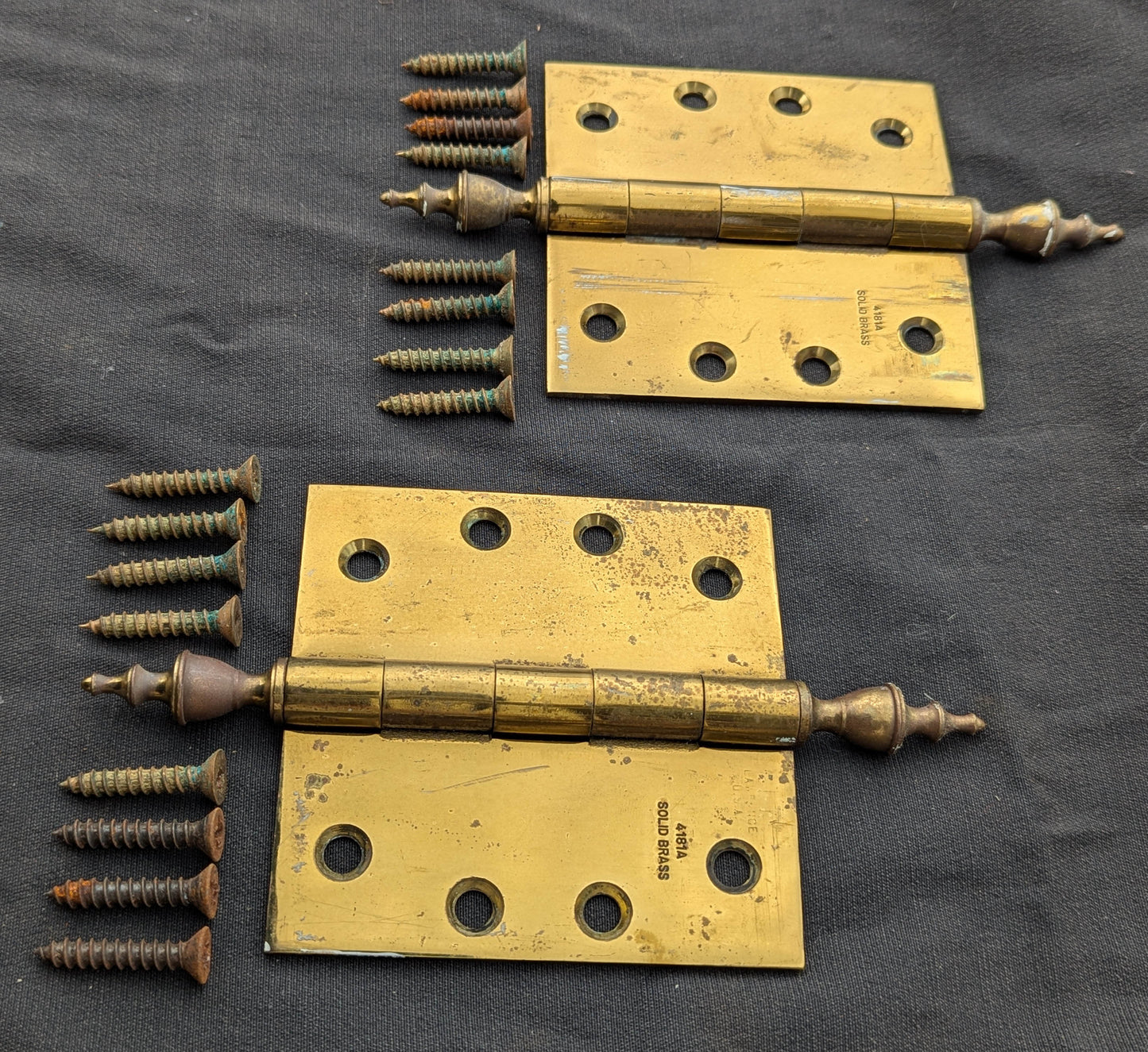 Pair Set 4"x4" Vintage Old "Lawrence" SOLID Brass Exterior Entry Door Ball Bearing Architectural Hinges Steeple Tip Finial Screws Reclaimed Salvaged