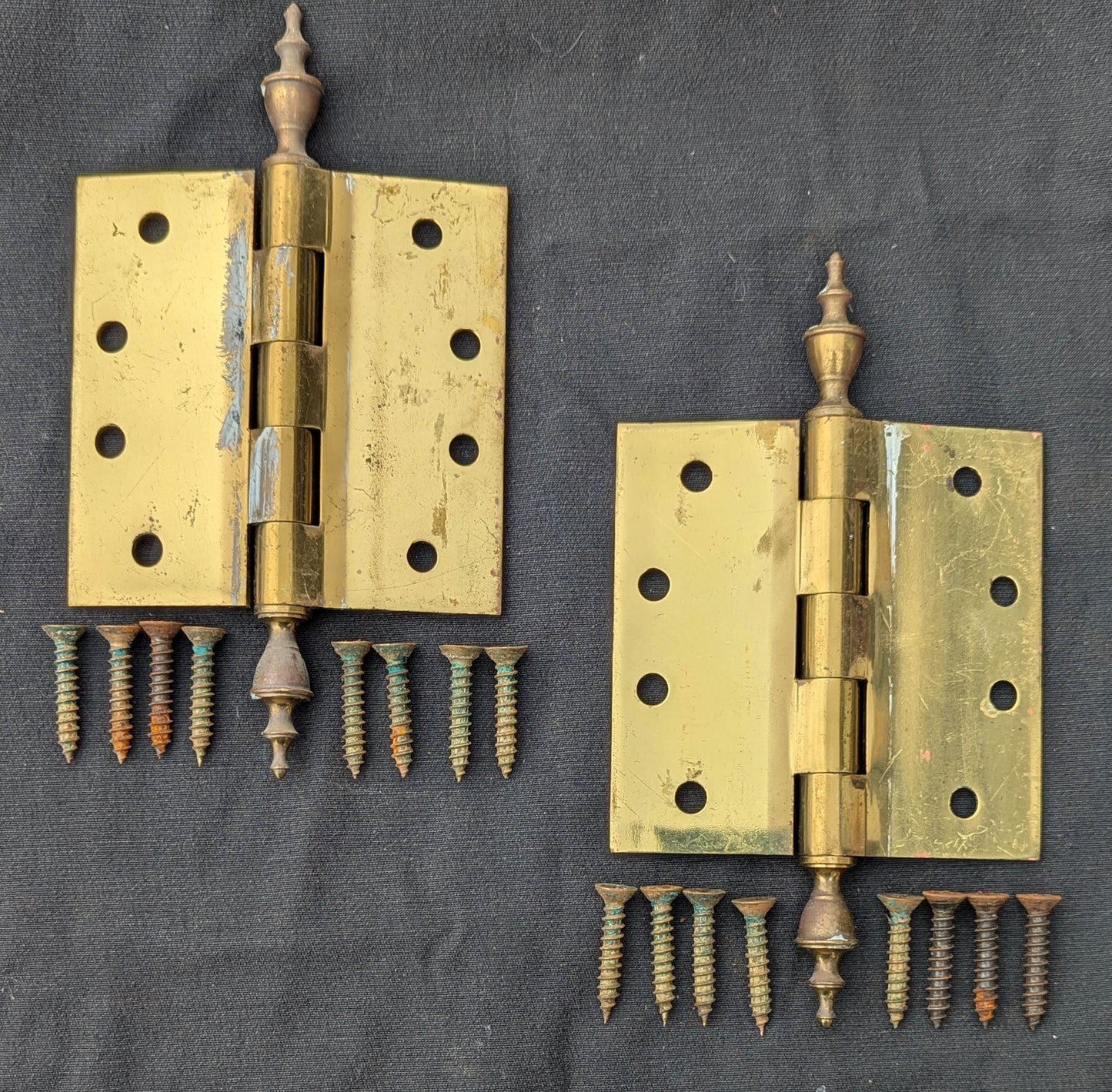 Pair Set 4"x4" Vintage Old "Lawrence" SOLID Brass Exterior Entry Door Ball Bearing Architectural Hinges Steeple Tip Finial Screws Reclaimed Salvaged