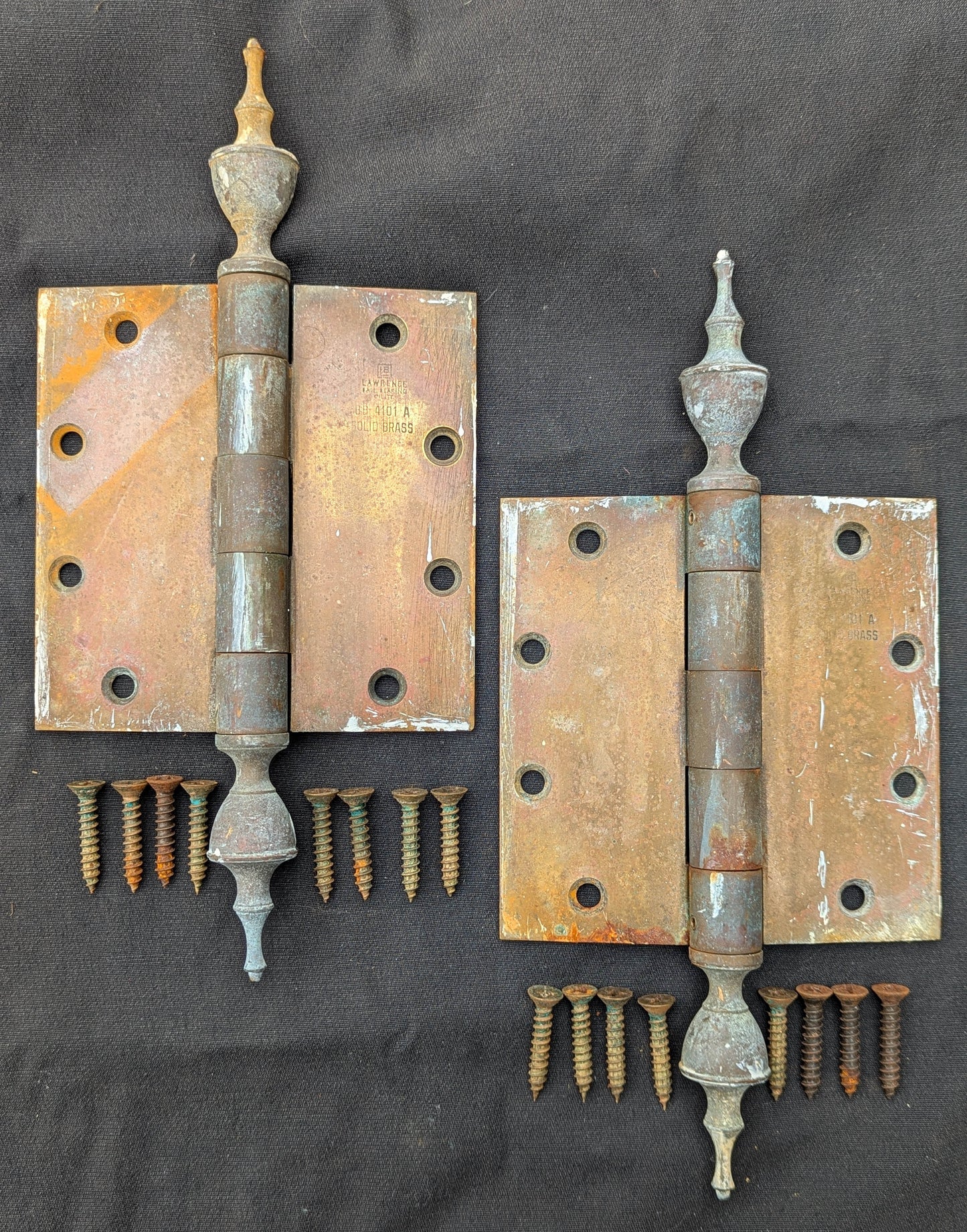 3 available Pair Set 5"x5" Vintage Old "Lawrence" SOLID Brass Exterior Entry Door Ball Bearing Architectural Hinges Steeple Tip Finial Screws Reclaimed Salvaged