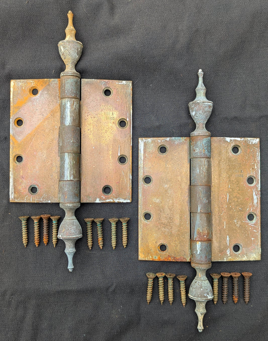 3 available Pair Set 5"x5" Vintage Old "Lawrence" SOLID Brass Exterior Entry Door Ball Bearing Architectural Hinges Steeple Tip Finial Screws Reclaimed Salvaged