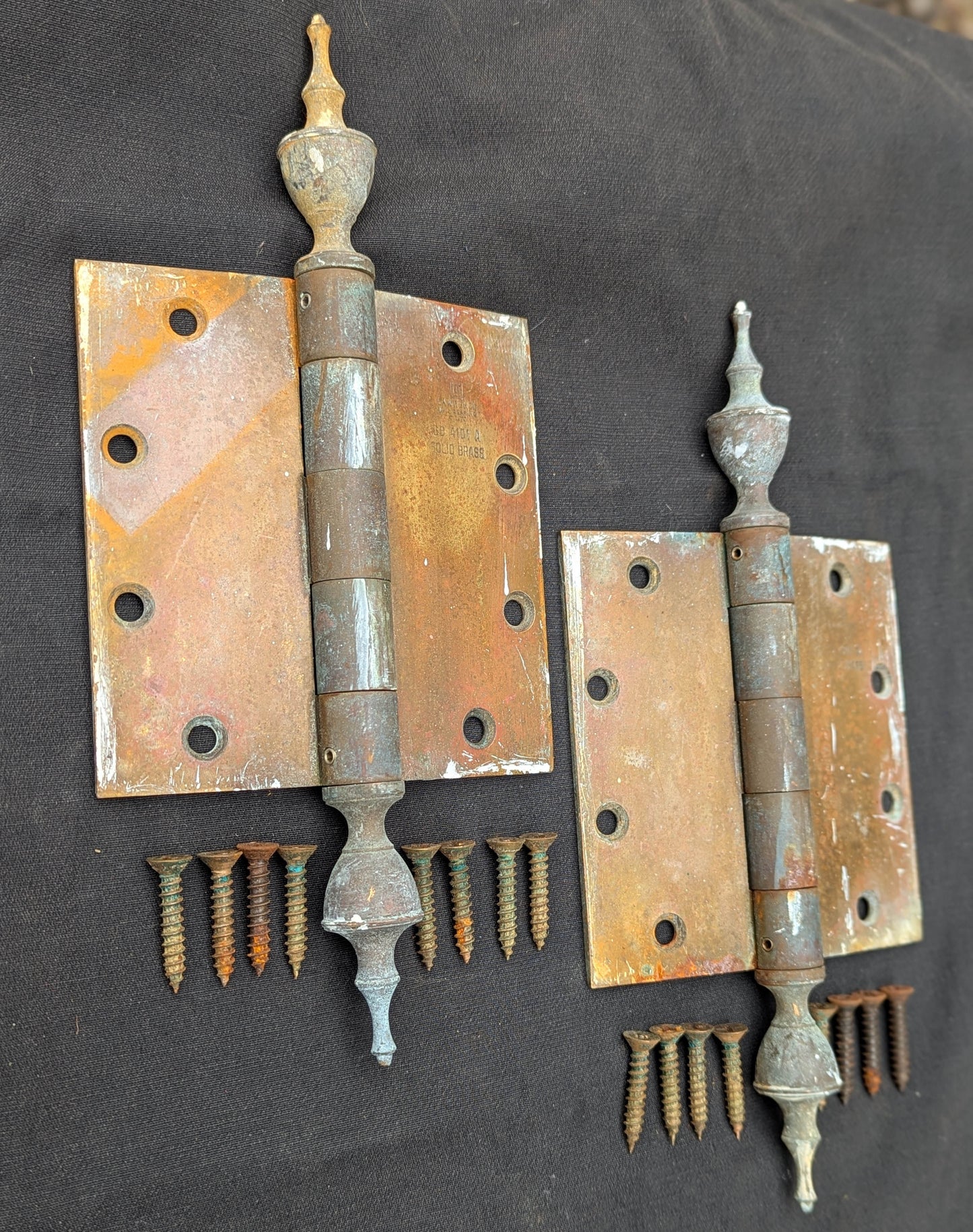 3 available Pair Set 5"x5" Vintage Old "Lawrence" SOLID Brass Exterior Entry Door Ball Bearing Architectural Hinges Steeple Tip Finial Screws Reclaimed Salvaged