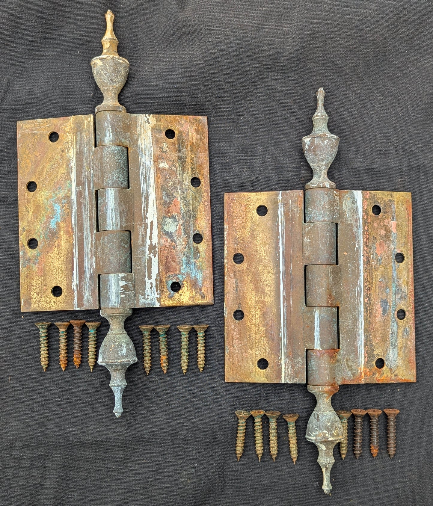 3 available Pair Set 5"x5" Vintage Old "Lawrence" SOLID Brass Exterior Entry Door Ball Bearing Architectural Hinges Steeple Tip Finial Screws Reclaimed Salvaged