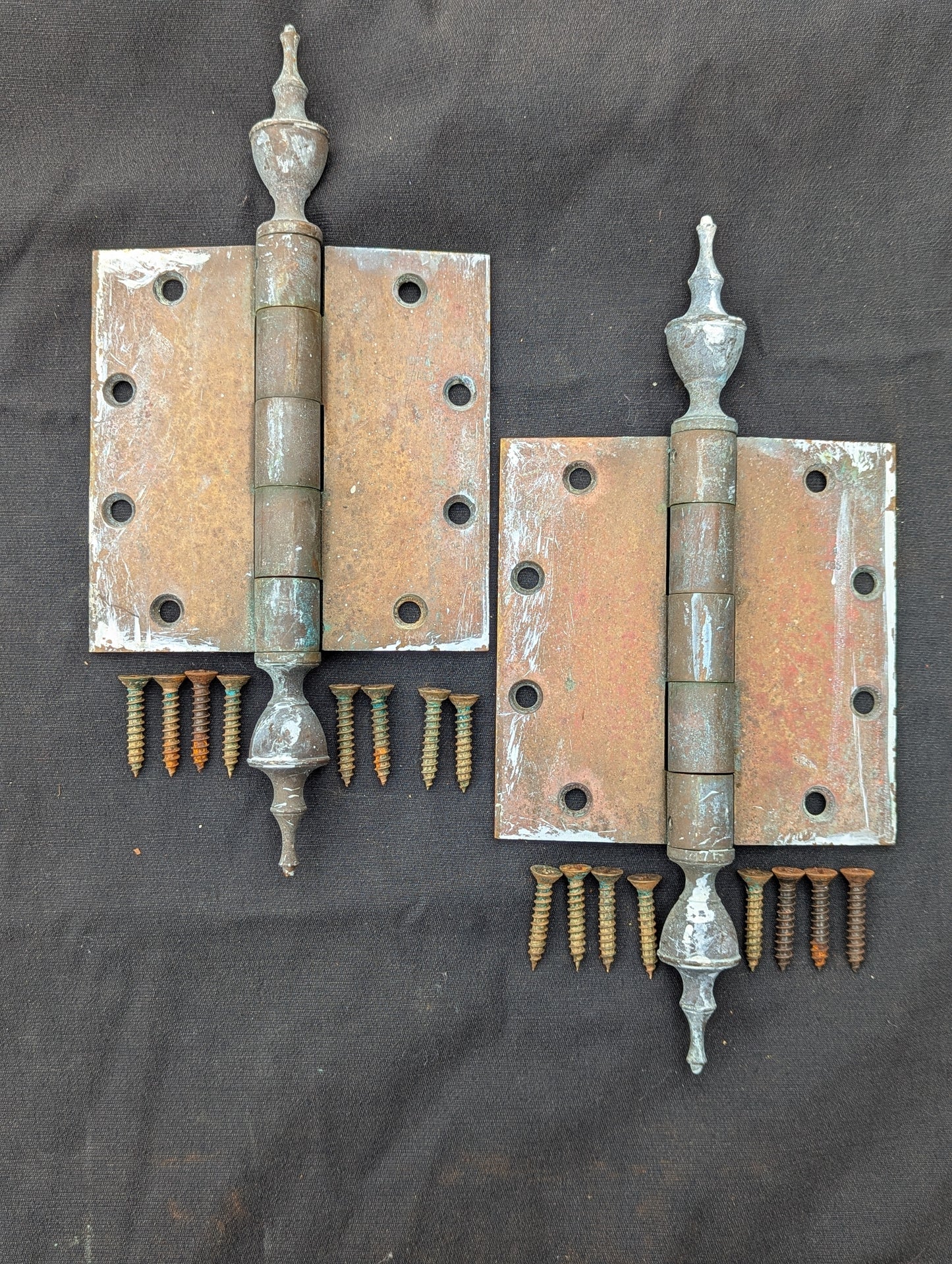 3 available Pair Set 5"x5" Vintage Old "Lawrence" SOLID Brass Exterior Entry Door Ball Bearing Architectural Hinges Steeple Tip Finial Screws Reclaimed Salvaged