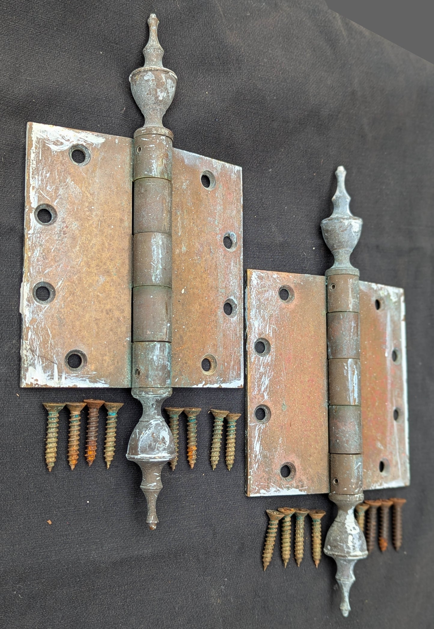 3 available Pair Set 5"x5" Vintage Old "Lawrence" SOLID Brass Exterior Entry Door Ball Bearing Architectural Hinges Steeple Tip Finial Screws Reclaimed Salvaged