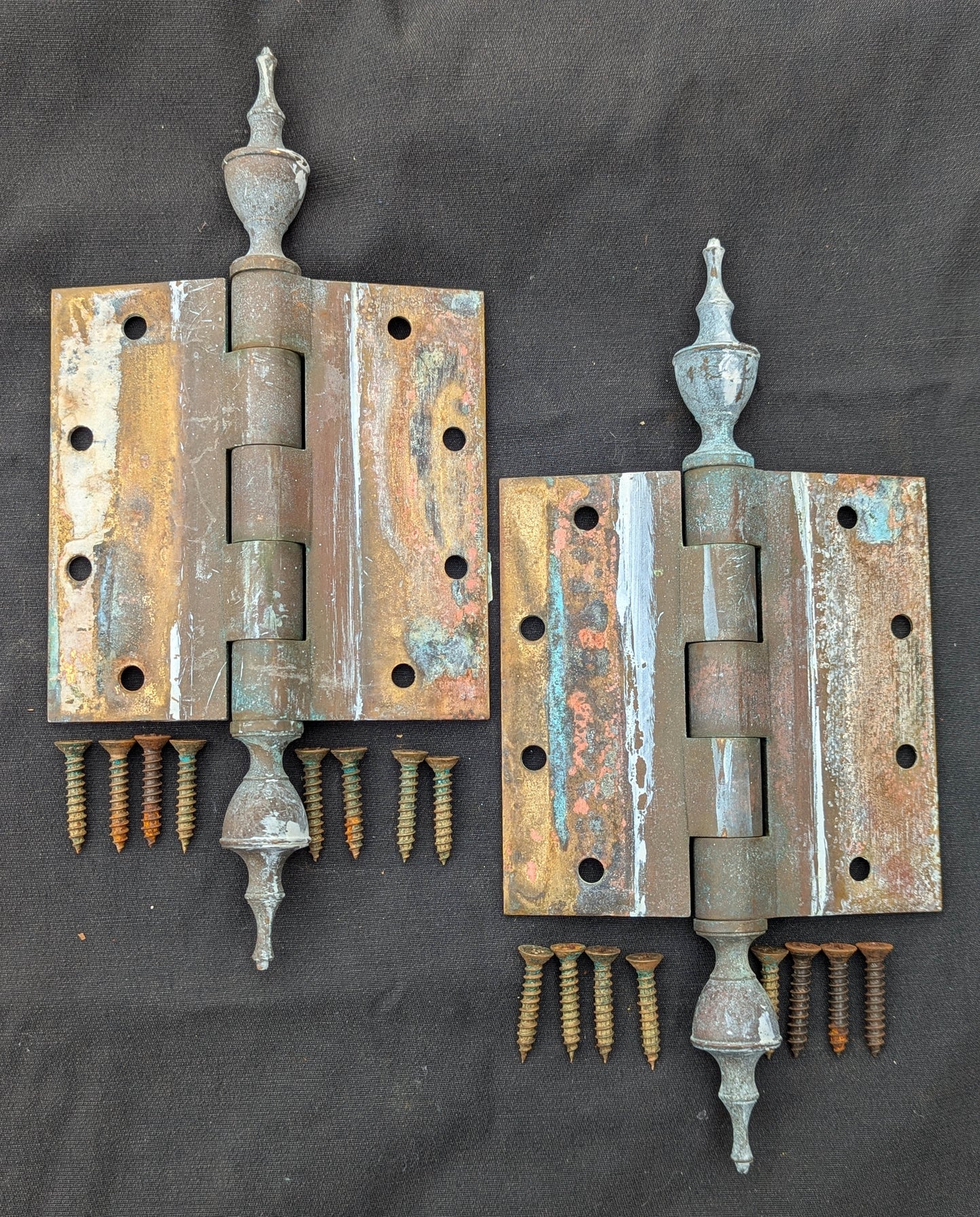 3 available Pair Set 5"x5" Vintage Old "Lawrence" SOLID Brass Exterior Entry Door Ball Bearing Architectural Hinges Steeple Tip Finial Screws Reclaimed Salvaged