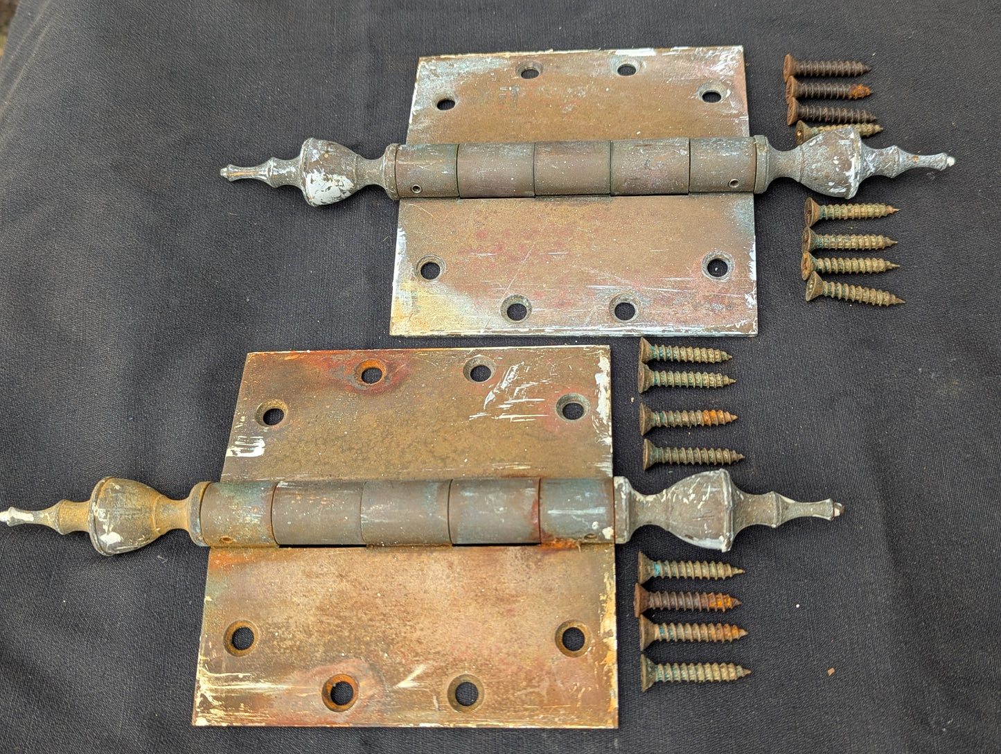 3 available Pair Set 5"x5" Vintage Old "Lawrence" SOLID Brass Exterior Entry Door Ball Bearing Architectural Hinges Steeple Tip Finial Screws Reclaimed Salvaged