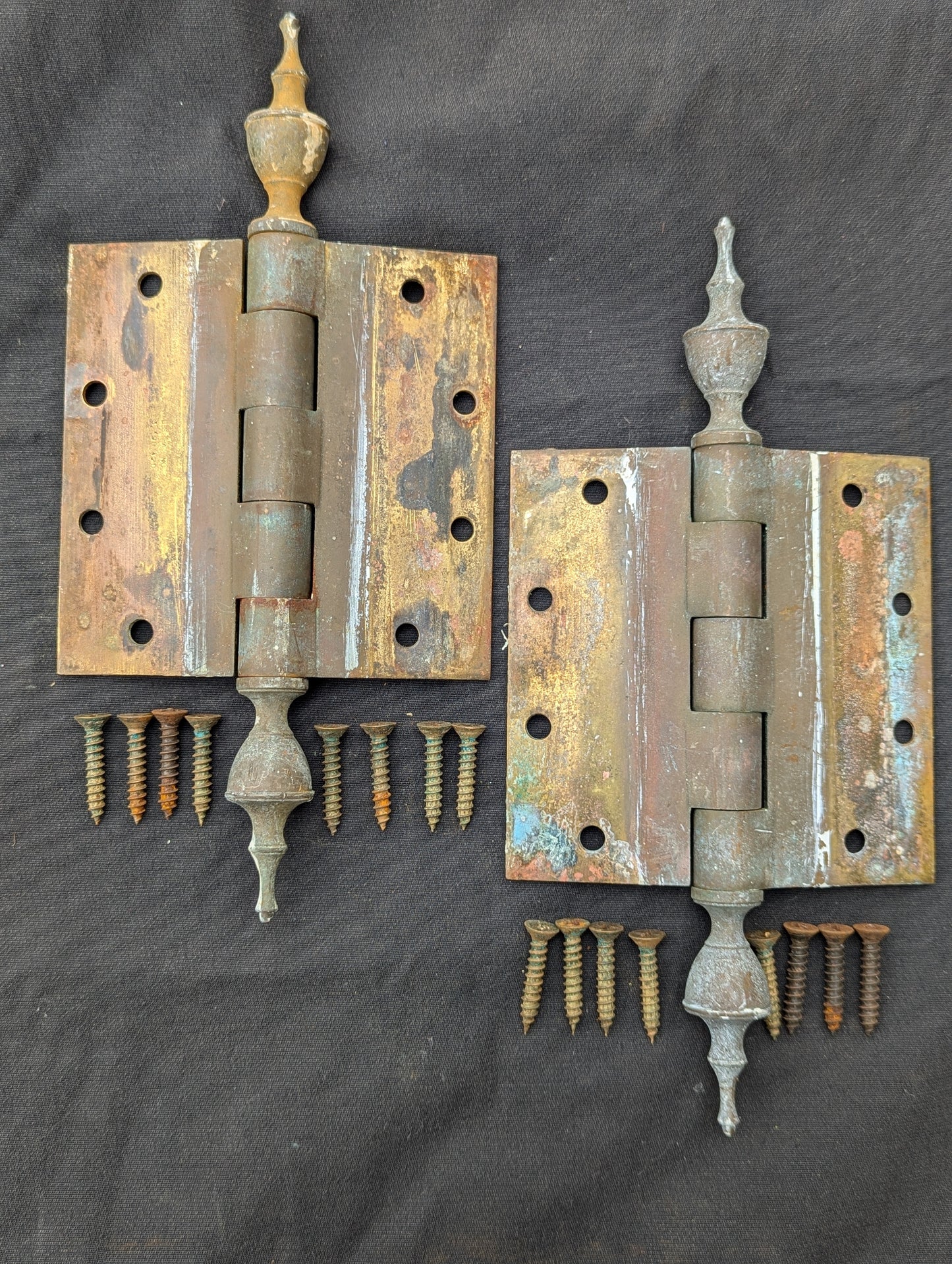 3 available Pair Set 5"x5" Vintage Old "Lawrence" SOLID Brass Exterior Entry Door Ball Bearing Architectural Hinges Steeple Tip Finial Screws Reclaimed Salvaged