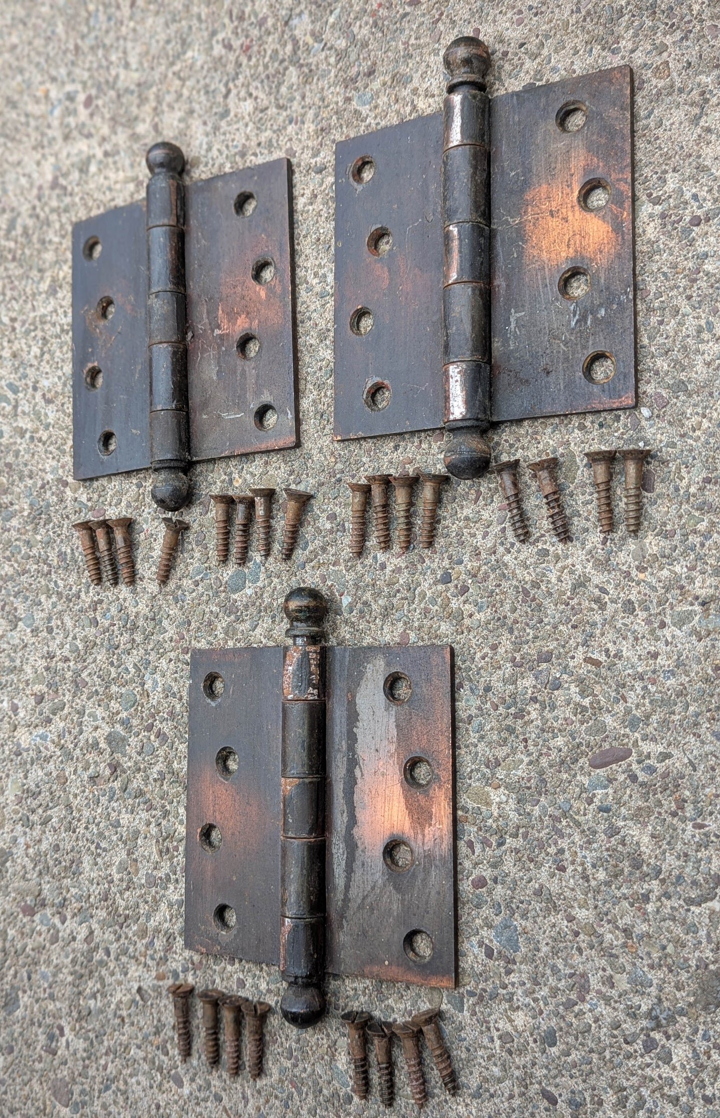 3pc Set 4"x4" Antique Vintage Old Reclaimed Salvaged Steel Bronze Copper Ball Tip Finial Exterior Entry Door Hinges Screws