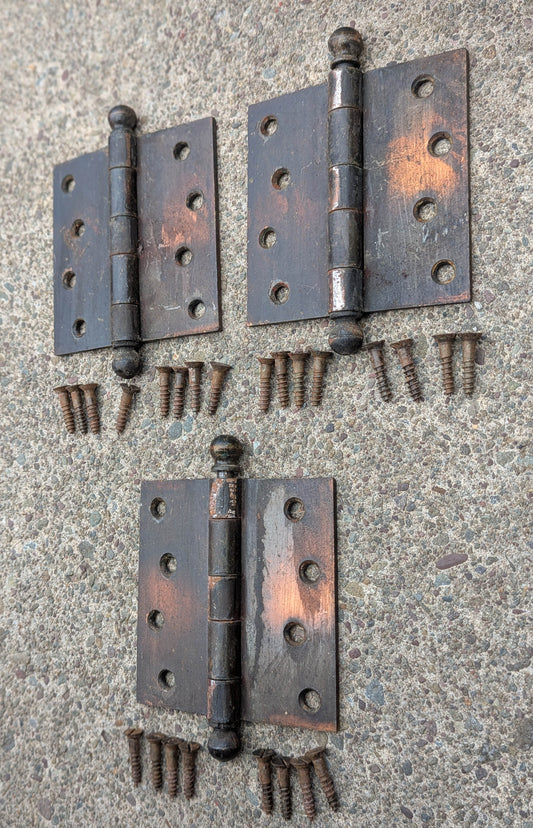 3pc Set 4"x4" Antique Vintage Old Reclaimed Salvaged Steel Bronze Copper Ball Tip Finial Exterior Entry Door Hinges Screws