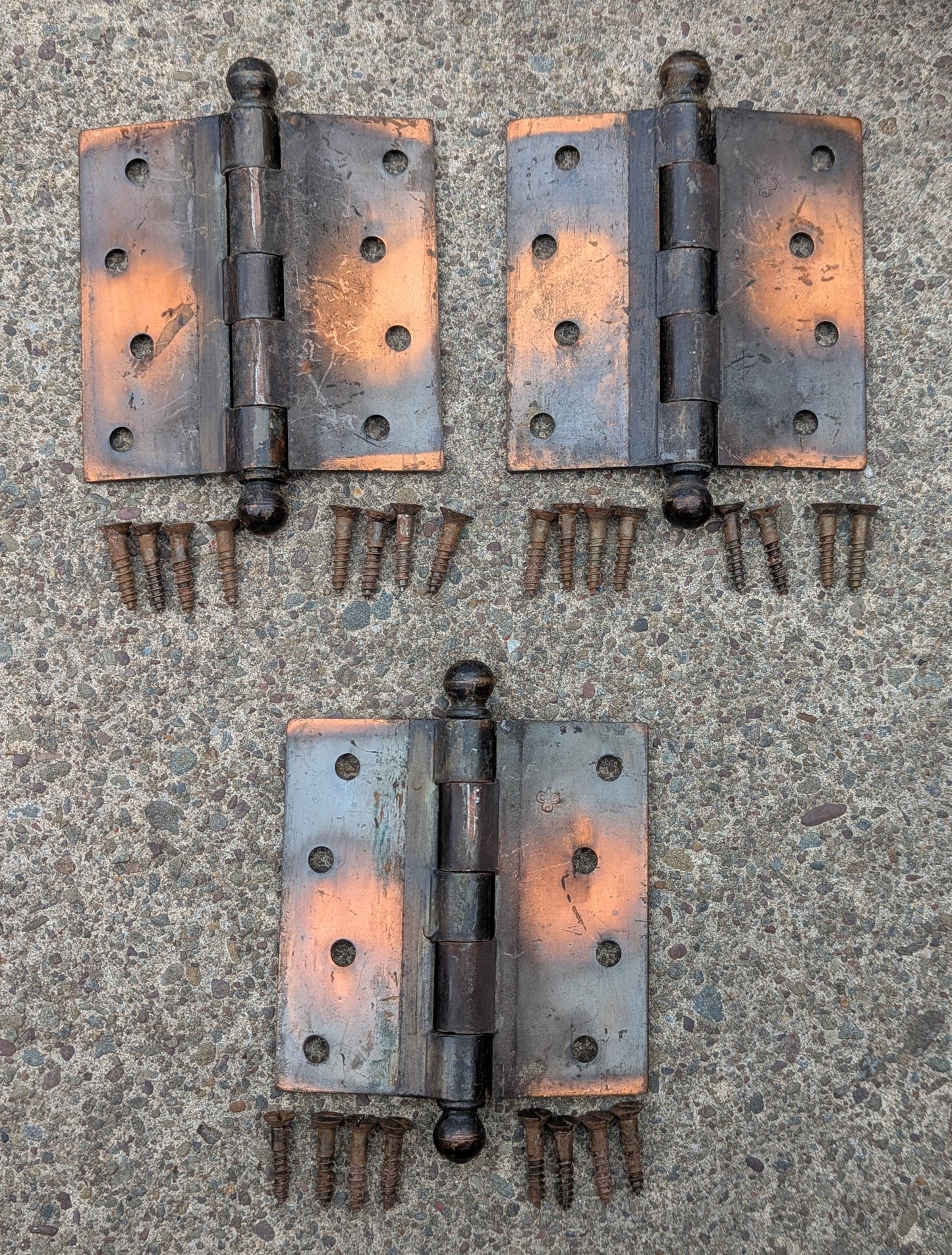 3pc Set 4"x4" Antique Vintage Old Reclaimed Salvaged Steel Bronze Copper Ball Tip Finial Exterior Entry Door Hinges Screws