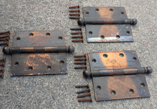 3pc Set 5"x5" Antique Vintage Old Reclaimed Salvaged Steel Bronze Copper Ball Tip Finial Exterior Entry Door Hinges Screws (Copy)