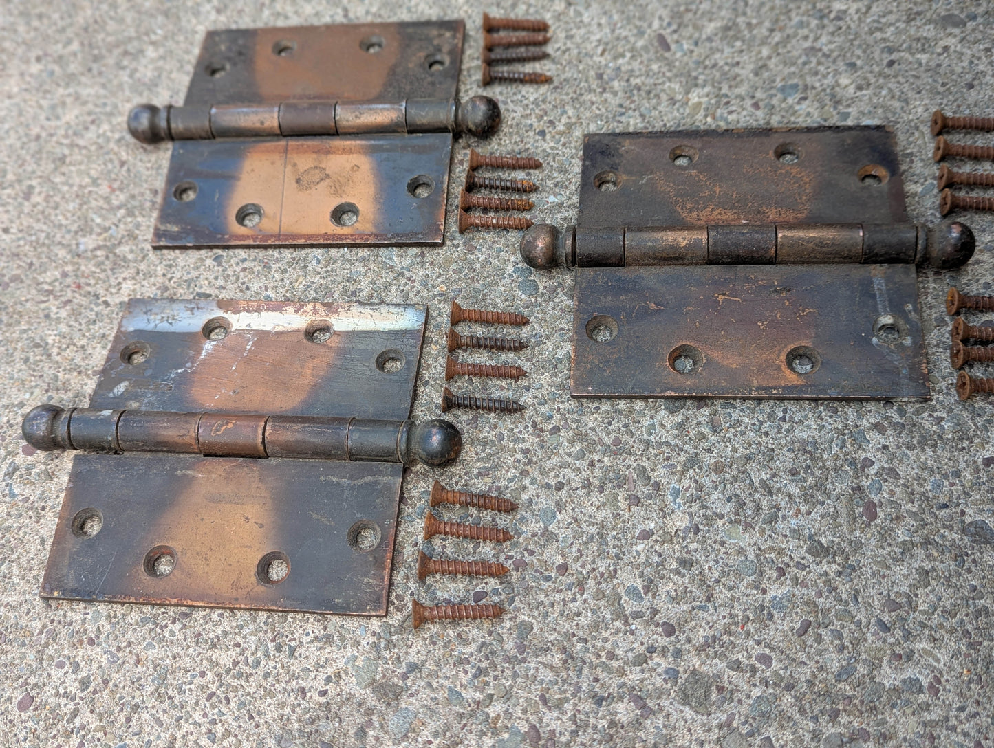 3pc Set 5"x5" Antique Vintage Old Reclaimed Salvaged Steel Bronze Copper Ball Tip Finial Exterior Entry Door Hinges Screws (Copy)