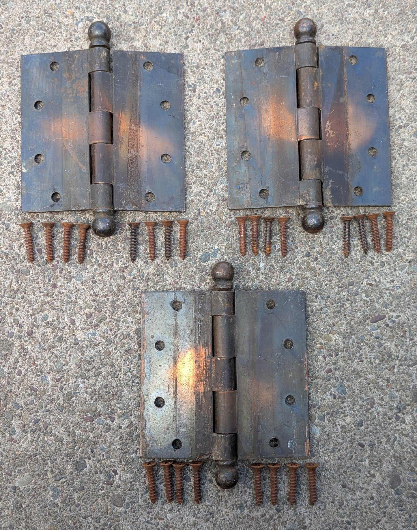3pc Set 5"x5" Antique Vintage Old Reclaimed Salvaged Steel Bronze Copper Ball Tip Finial Exterior Entry Door Hinges Screws (Copy)