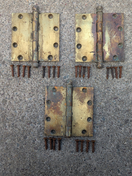 1/4" THICK 5"x5" Antique Vintage Old SOLID Brass Exterior Entry Door Hinges Ball Tip Salvaged Reclaimed