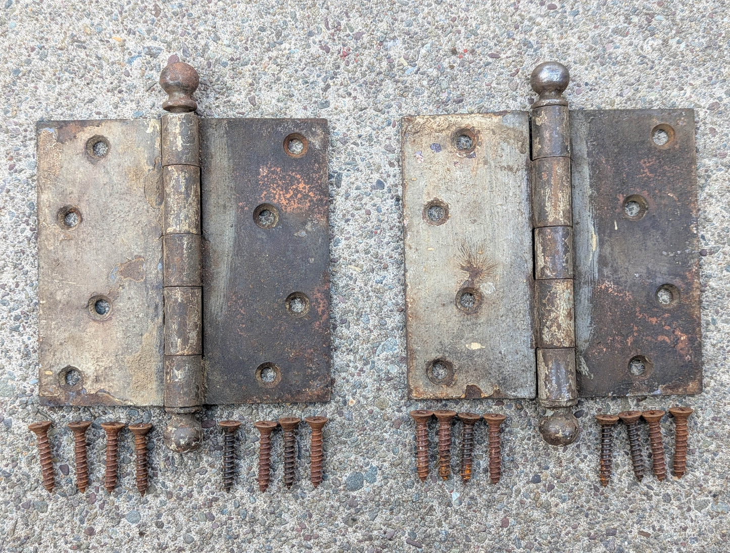 Pair of 5"x5" Antique Vintage Old Reclaimed Salvaged Steel Bronze Copper Ball Tip Finial Exterior Entry Door Hinges Screws