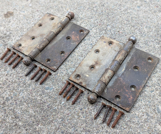 Pair of 5"x5" Antique Vintage Old Reclaimed Salvaged Steel Bronze Copper Ball Tip Finial Exterior Entry Door Hinges Screws
